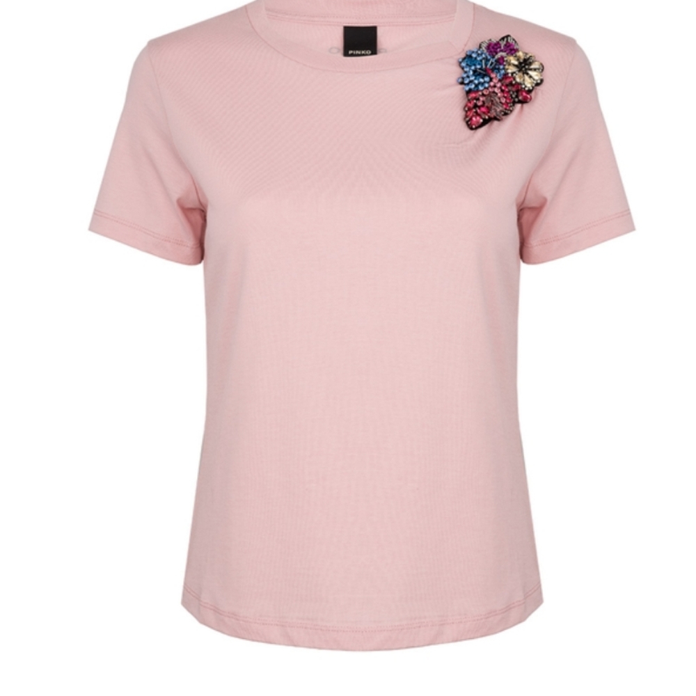 Pinko Crew Neckline Short Sleeve Beaded Brooch Pink Cotton Top Size S Sm…